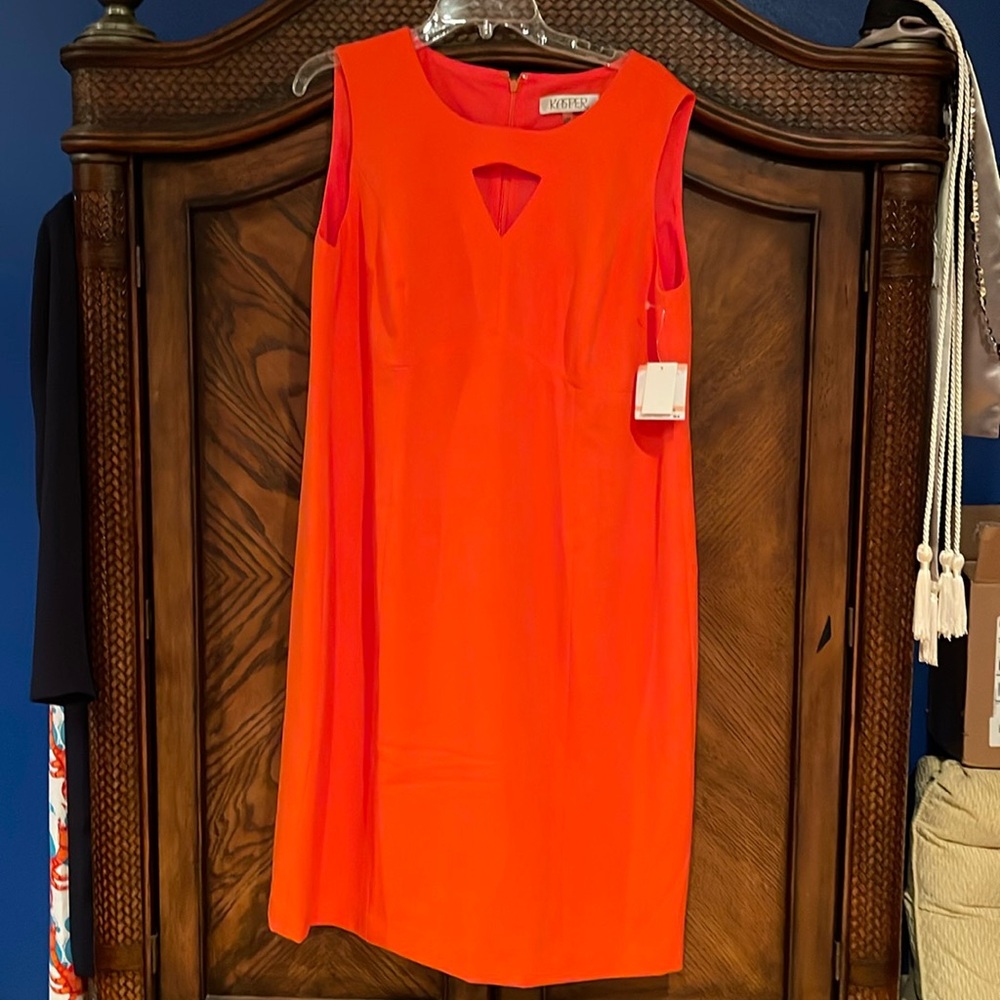Kasper orange dress, size 14 W, no pockets, lined zips and back